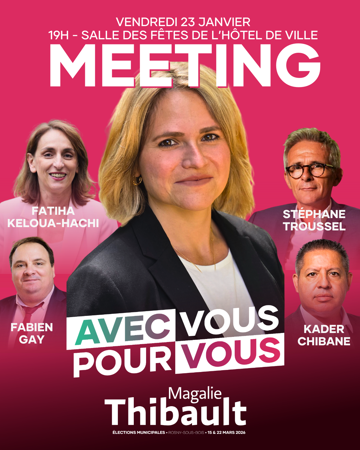 Affiche du meeting de Magalie Thibault et Rosny Écologique et Solidaire
